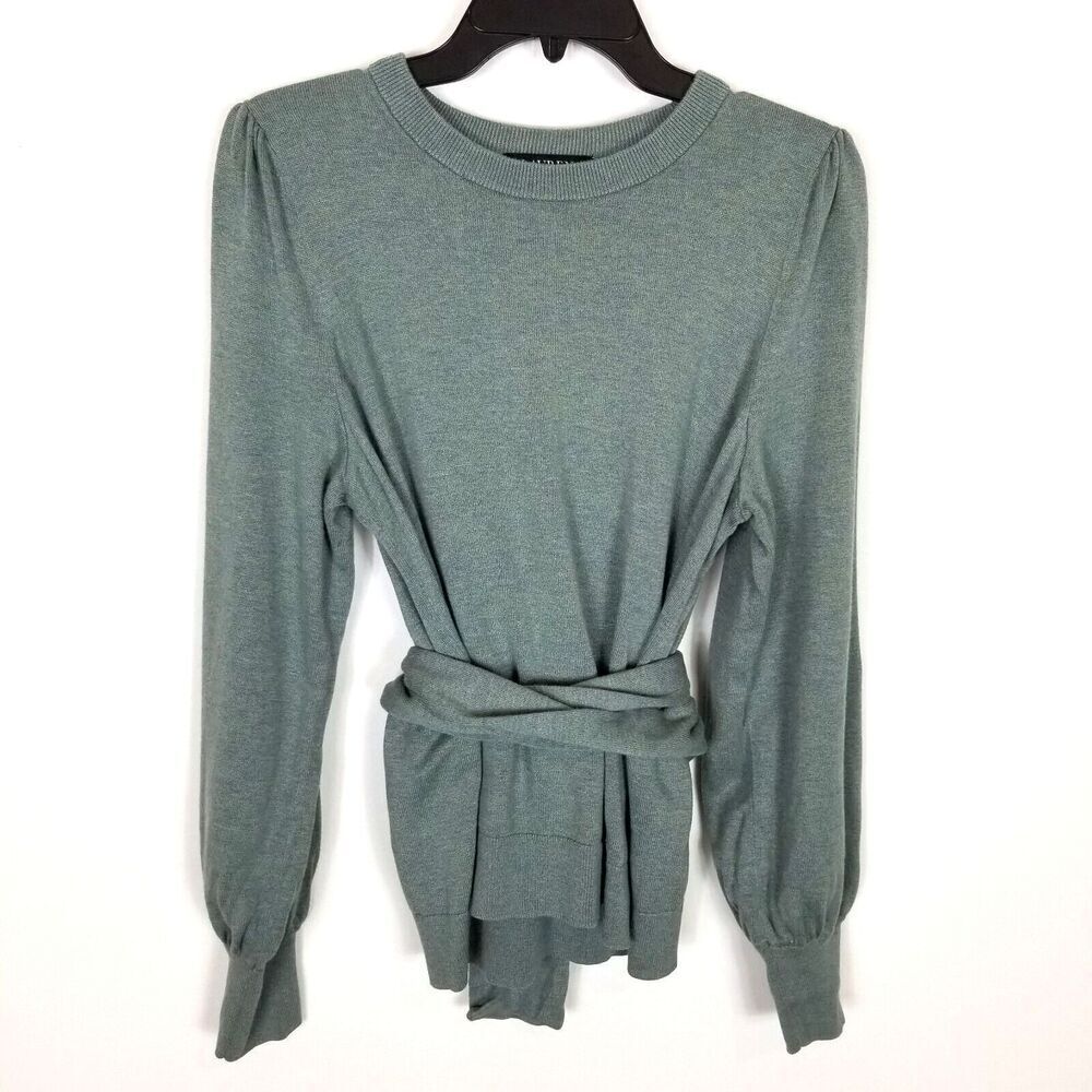 Lauren Ralph Lauren Women's Belted Cotton-Blend Sweater Sz L Pullover‎ Teal